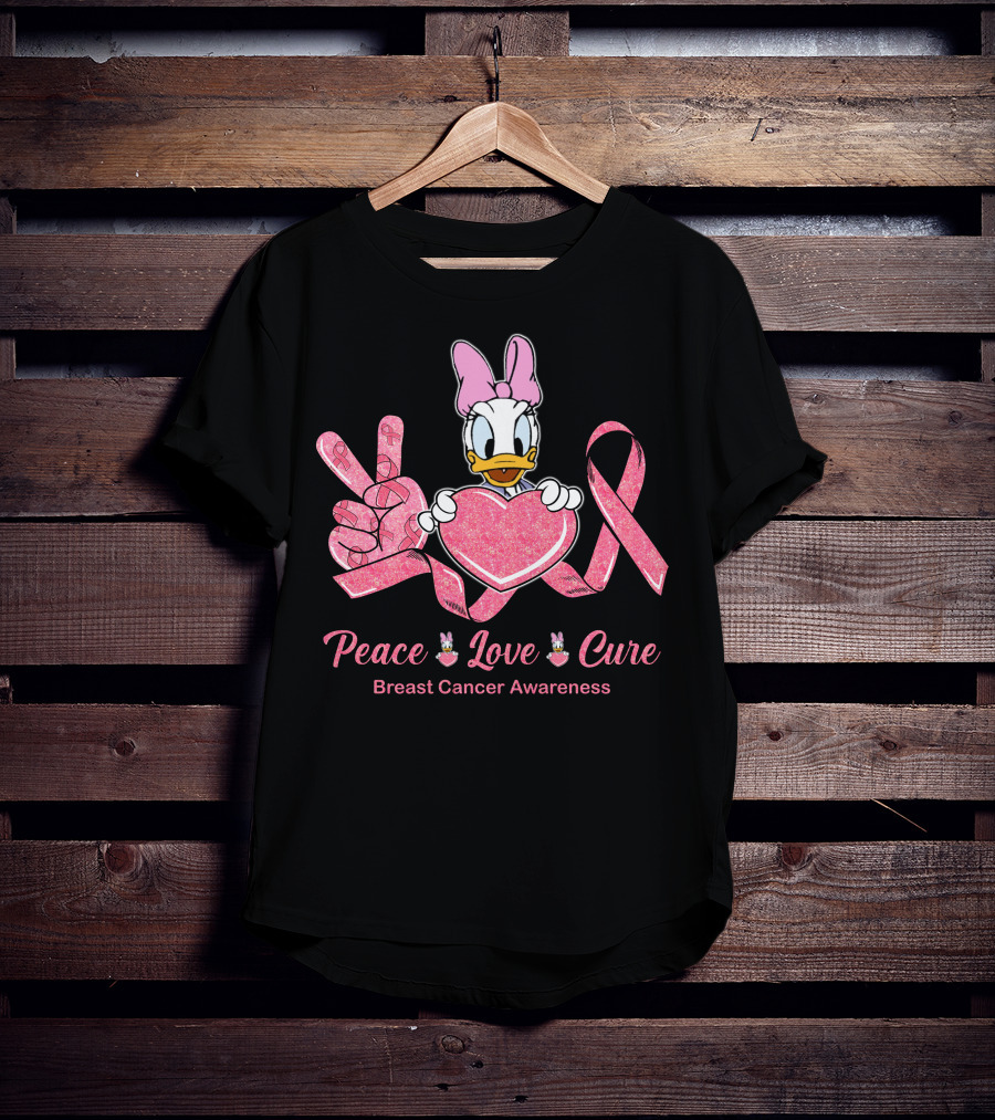 Peace Love Cure Breast Cancer Awareness Daisy Duck Pink Ribbon T-Shirt