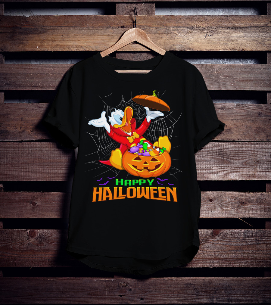 Happy Halloween Donald Duck In Pumpkin Suit With Candy And Spiderweb T-Shirt