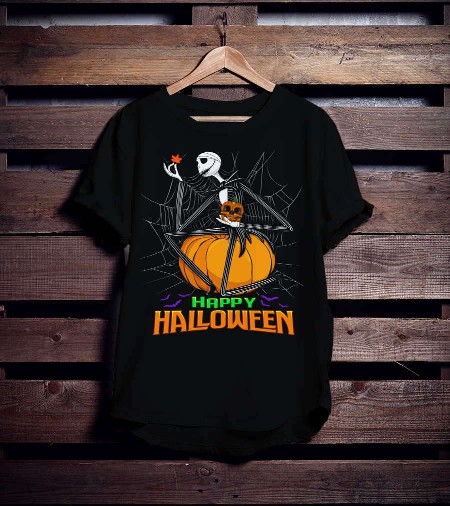 Happy Halloween Jack Skellington Pumpkin Bat Spiderweb T-Shirt