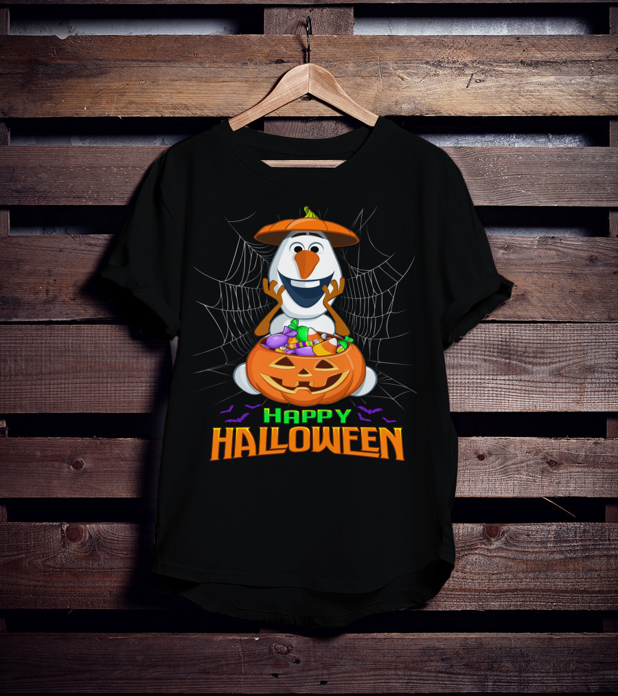 Olaf Happy Halloween With Pumpkin And Candy Basket T-Shirt