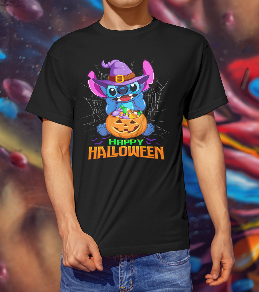 Happy Halloween Stitch Witch Costume Pumpkin Candy Basket T-Shirt