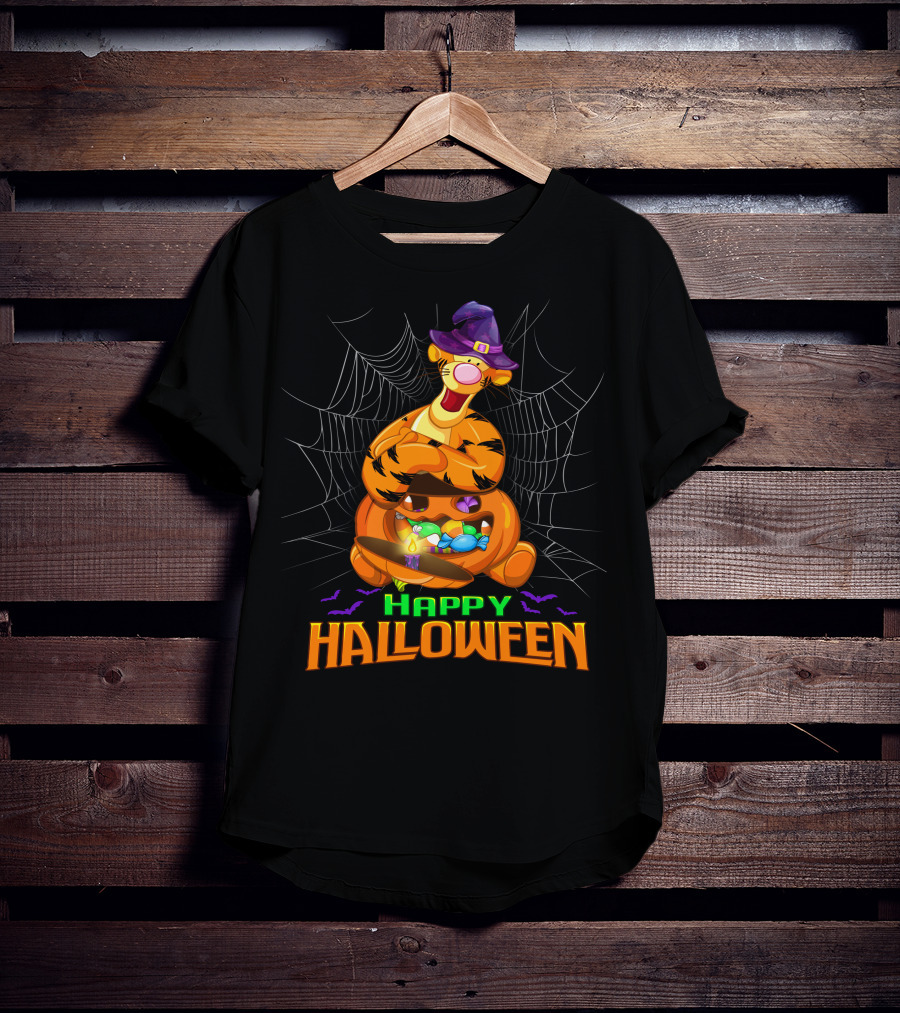 Happy Halloween Tigger Witch Pumpkin Candy Spiders T-Shirt