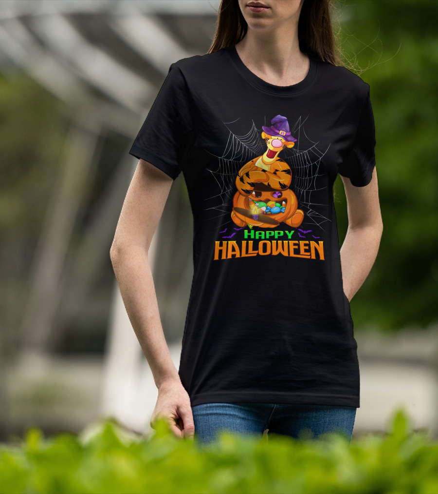 Happy Halloween Tigger Witch Pumpkin Candy Spiders T-Shirt