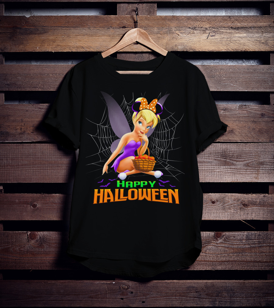 Tinker Bell Happy Halloween Pumpkin Basket With Bat Wings And Spiderweb T-Shirt