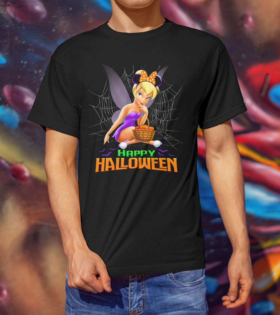 Tinker Bell Happy Halloween Pumpkin Basket With Bat Wings And Spiderweb T-Shirt