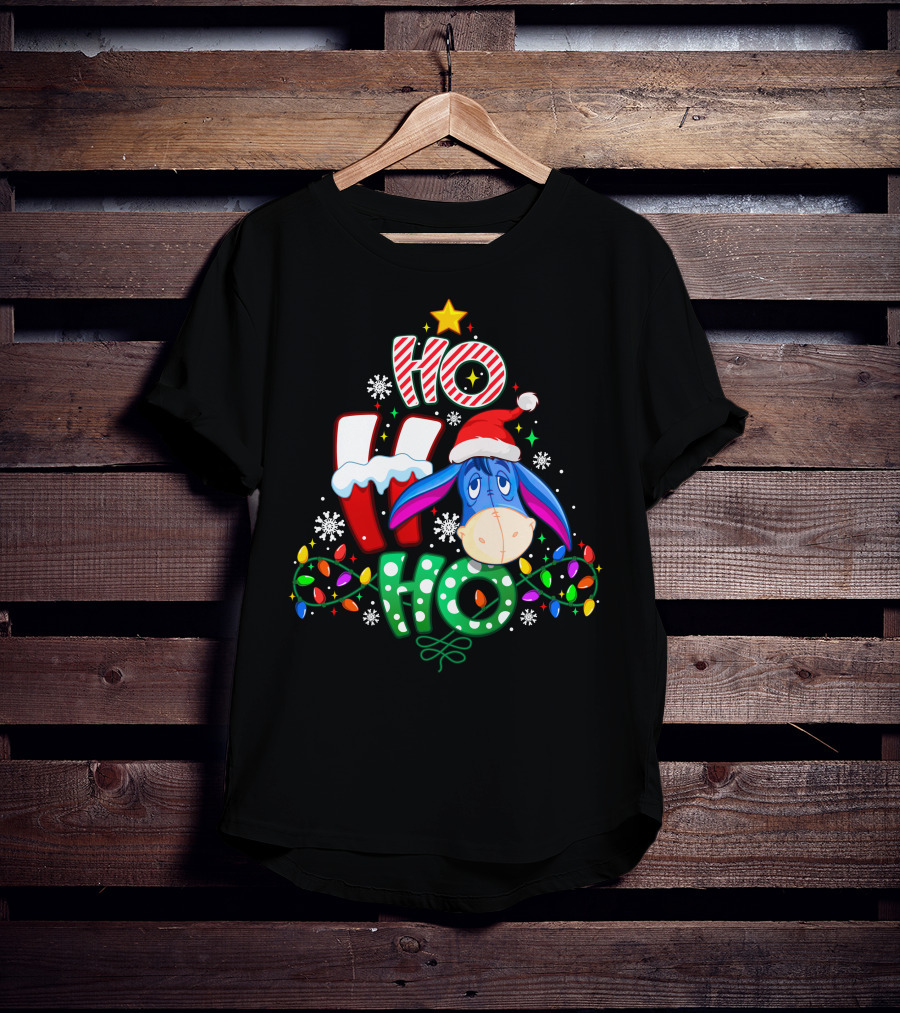 Ho Ho Ho Eeyore Christmas Lights Santa Hat Snowflakes T-Shirt