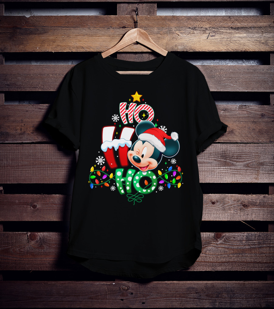 Mickey Ho Ho Ho Christmas Lights Snowflakes Santa Hat T-Shirt