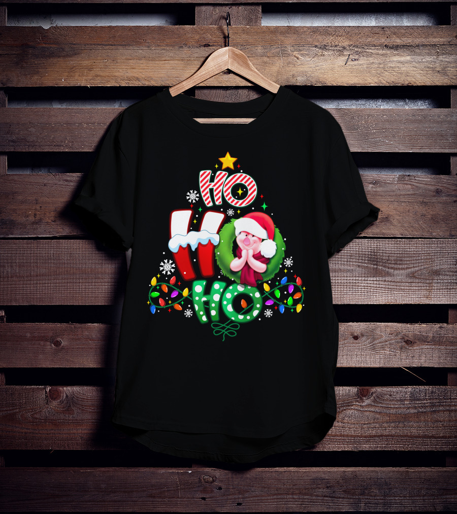 Ho Ho Ho Piglet Christmas Lights Snowflakes Santa Hat T-Shirt