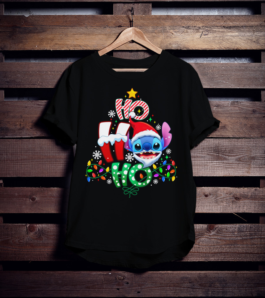 Ho Ho Ho Stitch Christmas Lights Santa Hat T-Shirt