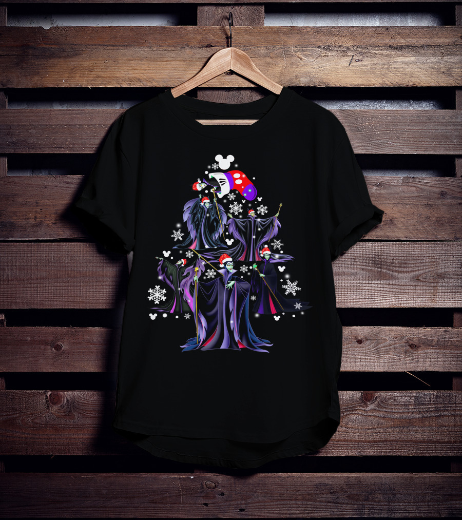Maleficent Christmas Tree With Santa Hat And Mickey Mouse Snowflakes T-Shirt