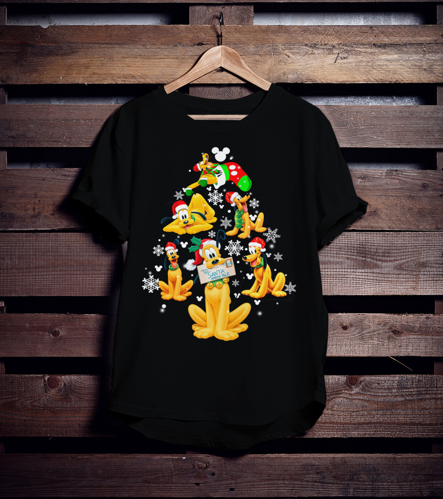 Pluto Christmas Tree Design With Santa Hat And Snowflakes T-Shirt