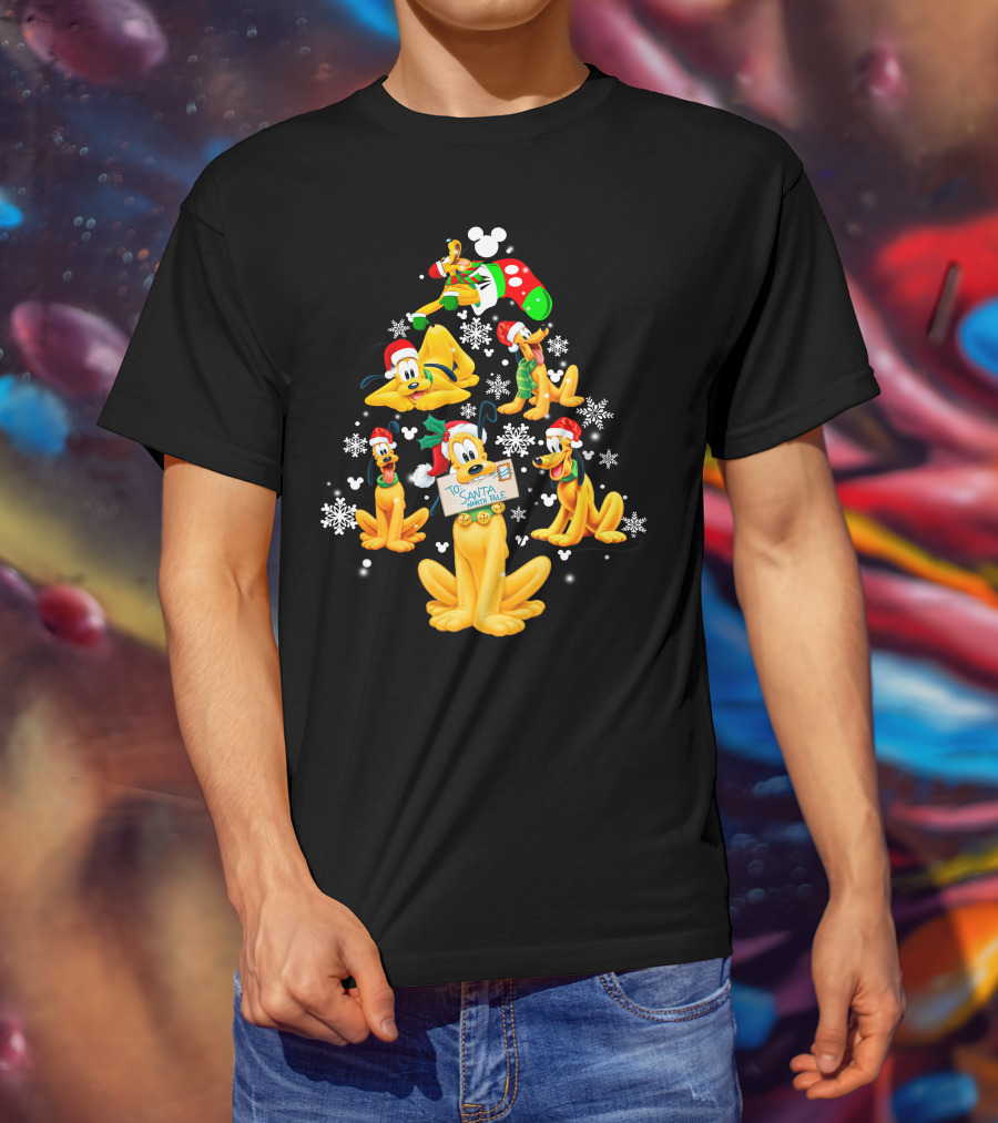 Pluto Christmas Tree Design With Santa Hat And Snowflakes T-Shirt