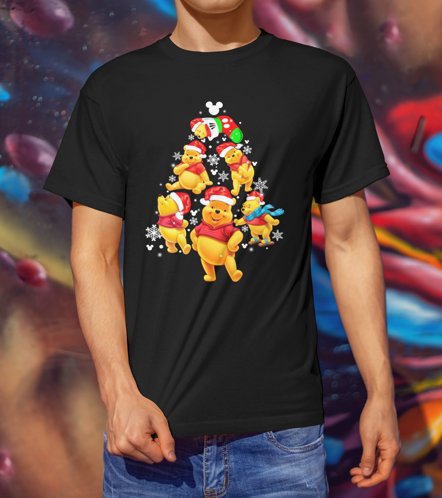 Disney Winnie The Pooh Christmas Santa Hat Festive Holiday Snowflakes T-Shirt