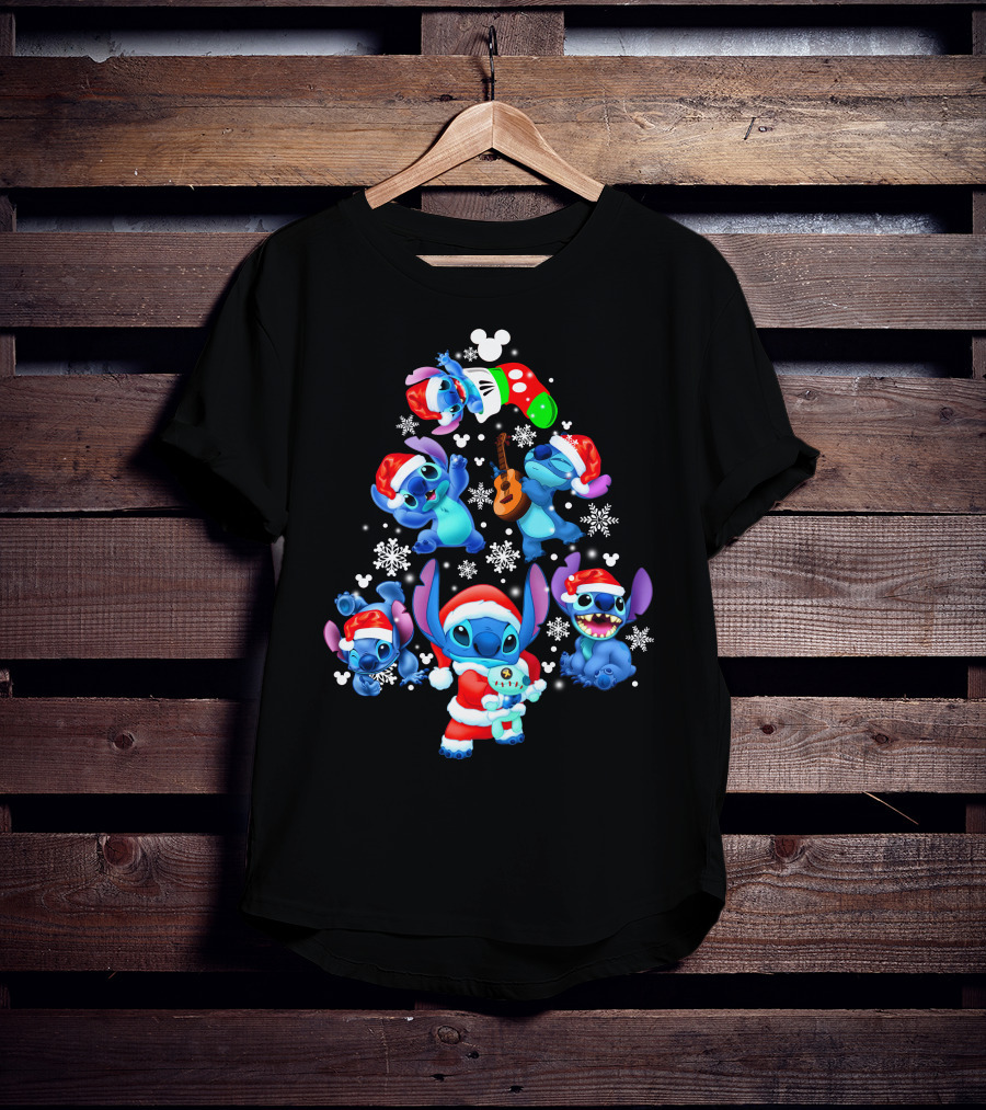 Stitch Christmas Tree With Snowflakes And Santa Hat Holiday T-Shirt