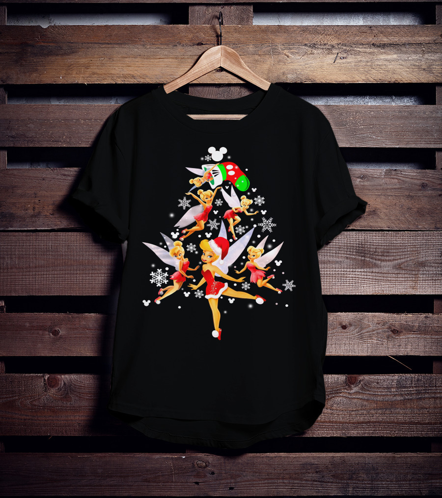 Tinker Bell Christmas Tree With Mickey Santa Hat And Snowflakes T-Shirt
