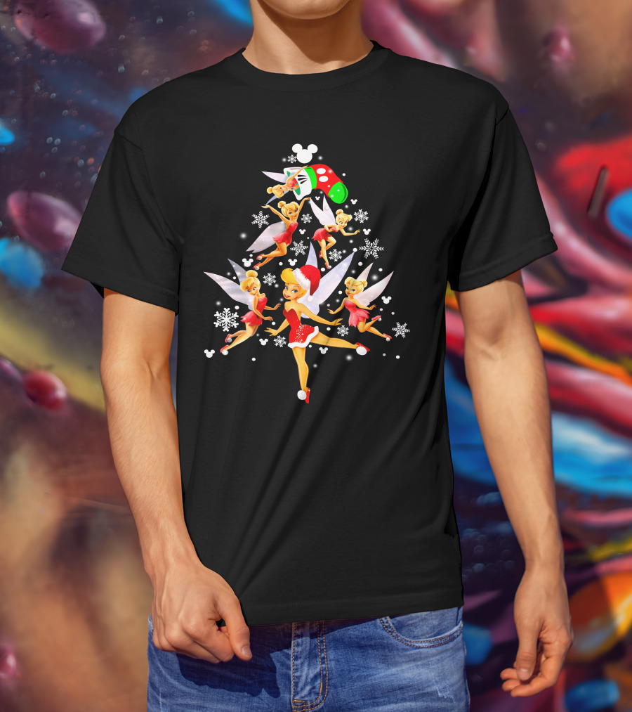Tinker Bell Christmas Tree With Mickey Santa Hat And Snowflakes T-Shirt