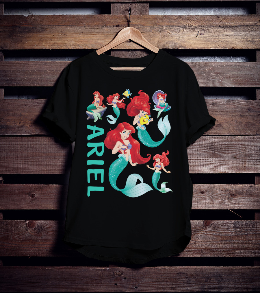 Ariel Little Mermaid With Flounder And Seashell Poses T-Shirt