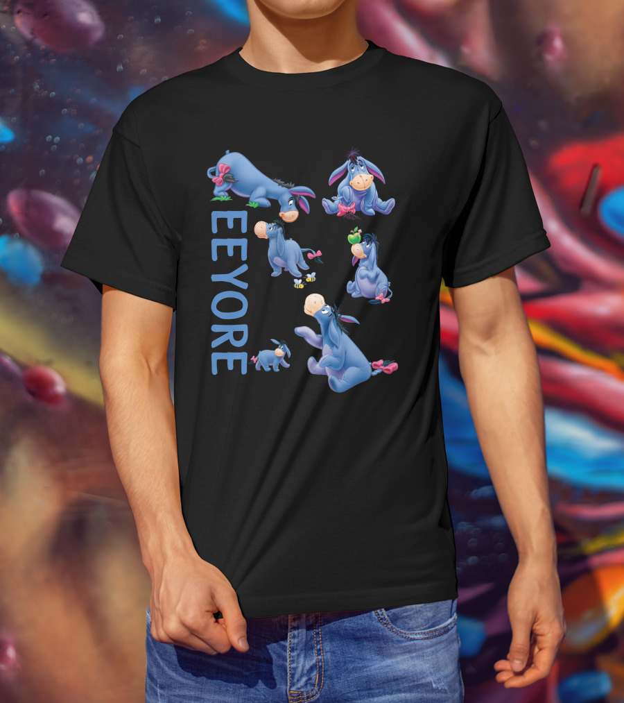 Eeyore Character Illustrations With Text On Black T-Shirt