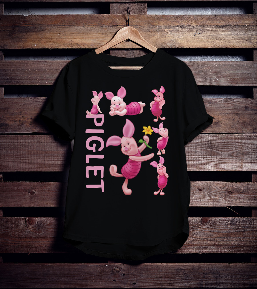 Piglet Playful Poses Cute Character With Flower T-Shirt