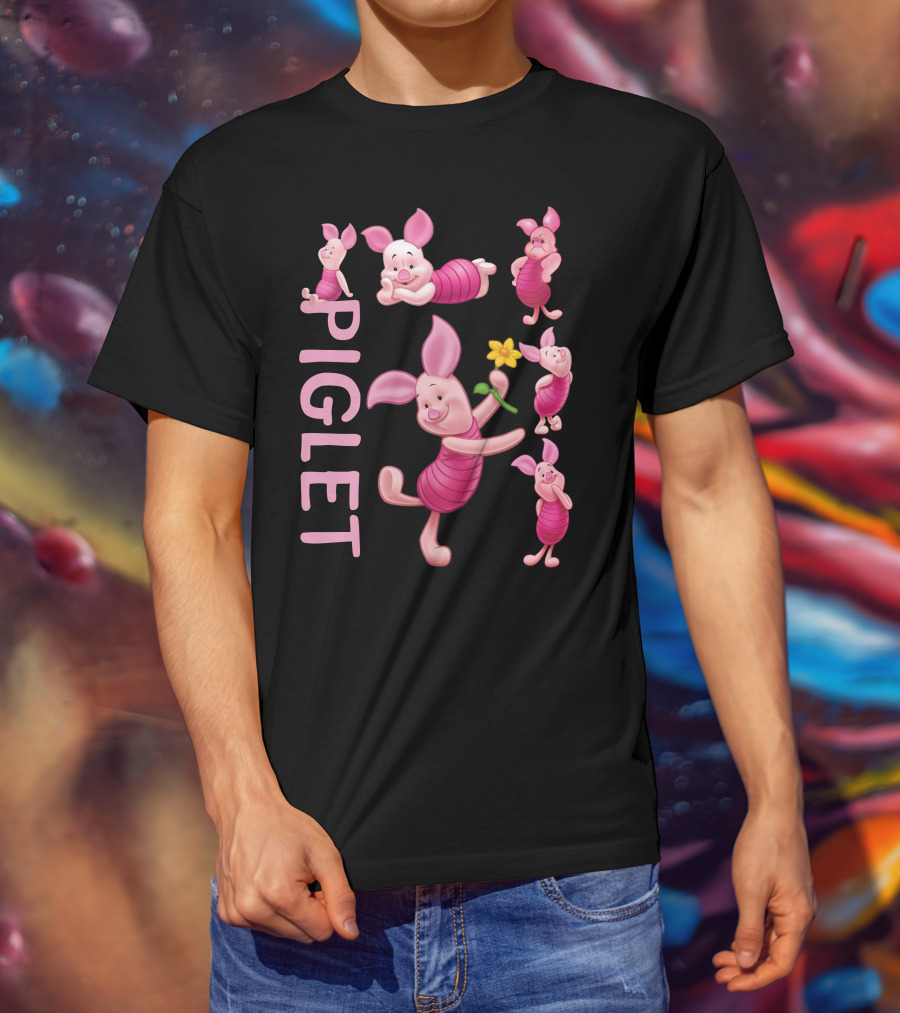 Piglet Playful Poses Cute Character With Flower T-Shirt