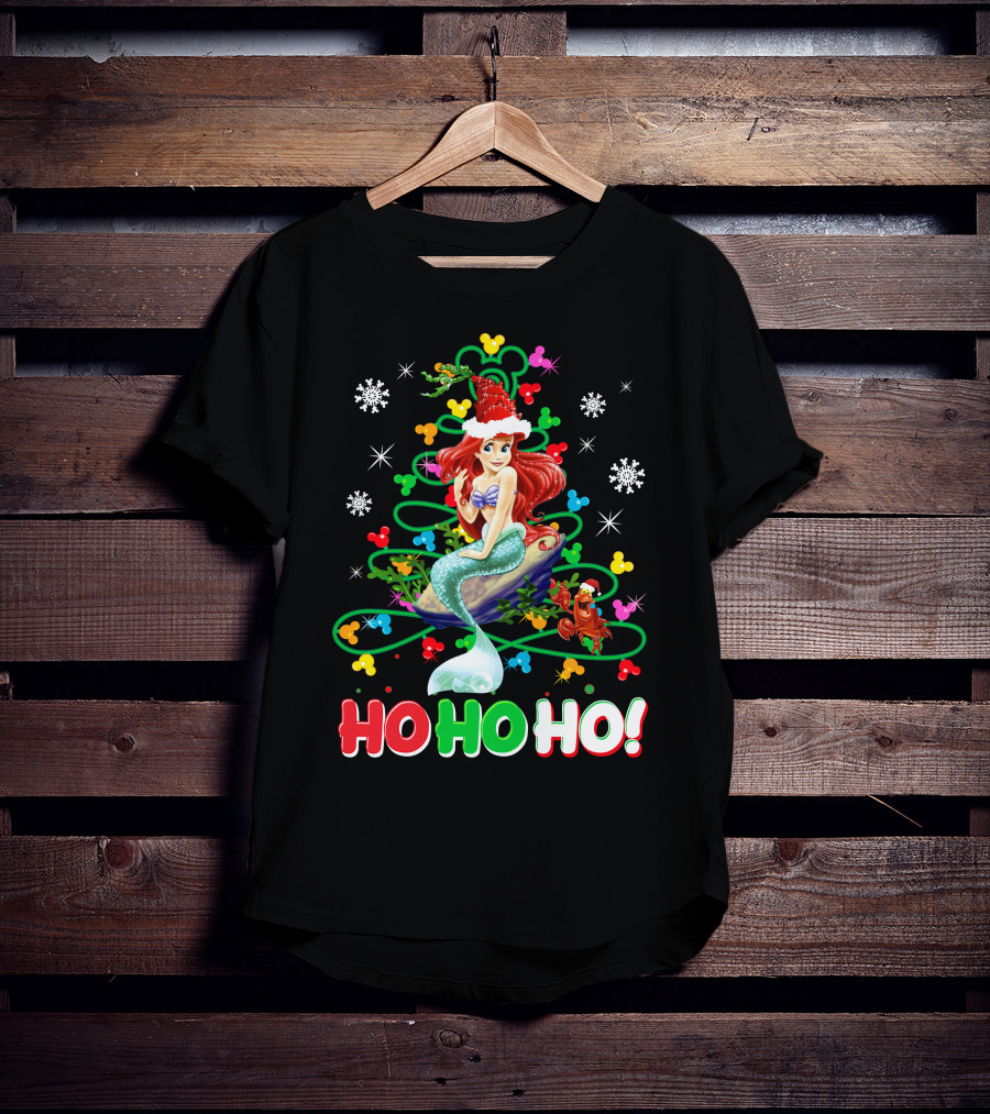 Ariel Ho Ho Ho Christmas Santa Hat Snowflakes T-Shirt