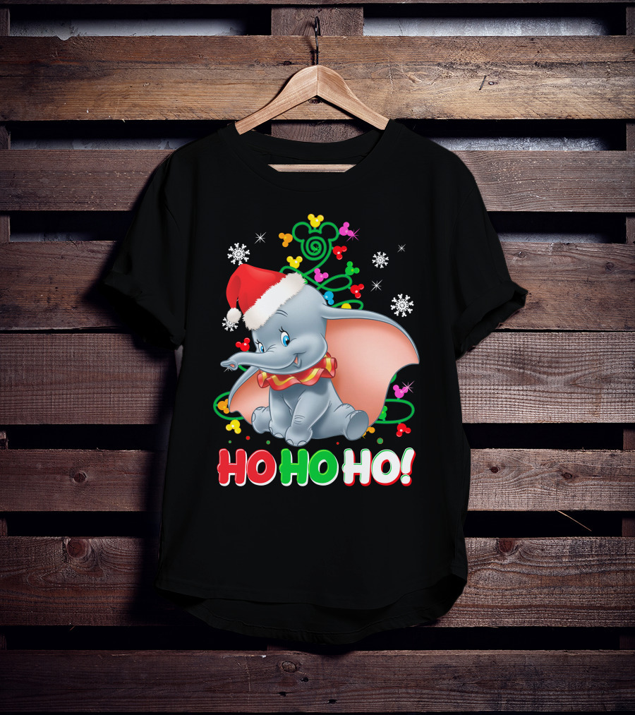 Dumbo Christmas Ho Ho Ho Santa Hat Mickey Mouse Ears Snowflakes T-Shirt