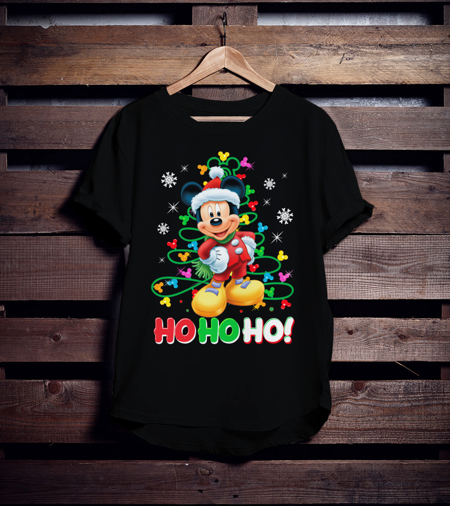 Mickey Mouse Christmas Ho Ho Ho Santa Outfit Snowflakes And Colorful Lights T-Shirt