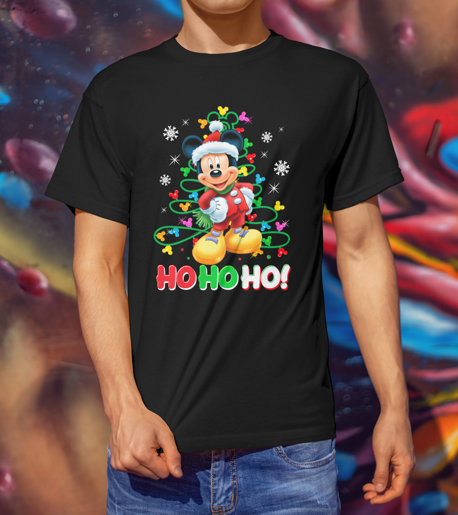 Mickey Mouse Christmas Ho Ho Ho Santa Outfit Snowflakes And Colorful Lights T-Shirt