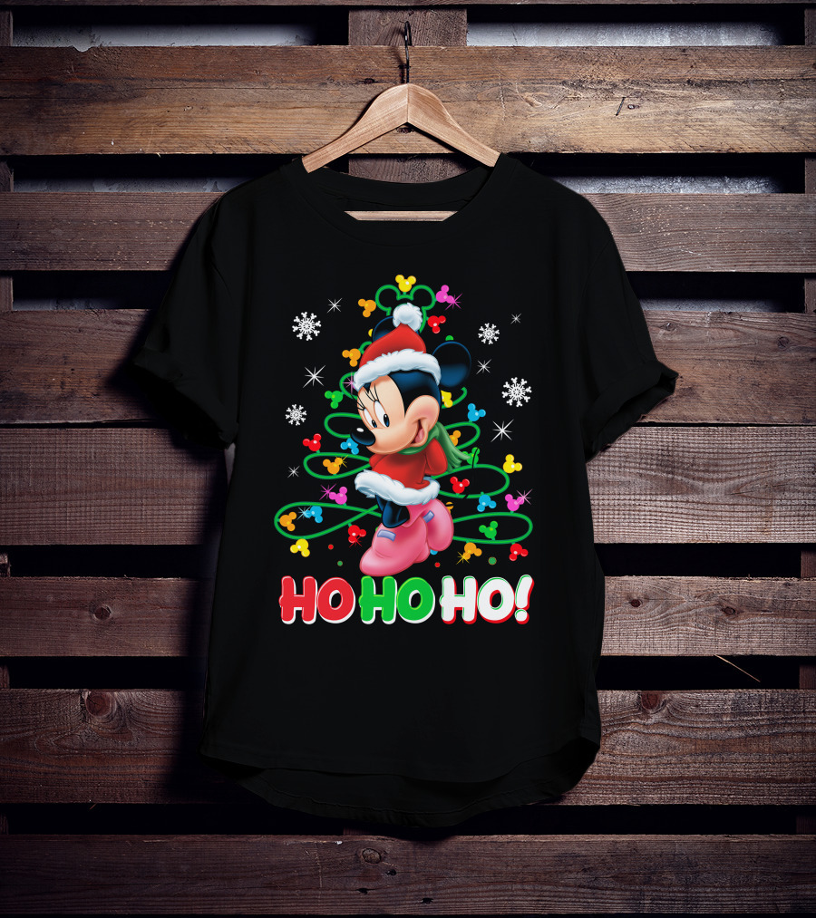 Minnie Mouse Christmas Ho Ho Ho Santa Hat Winter Holiday Snowflakes T-Shirt