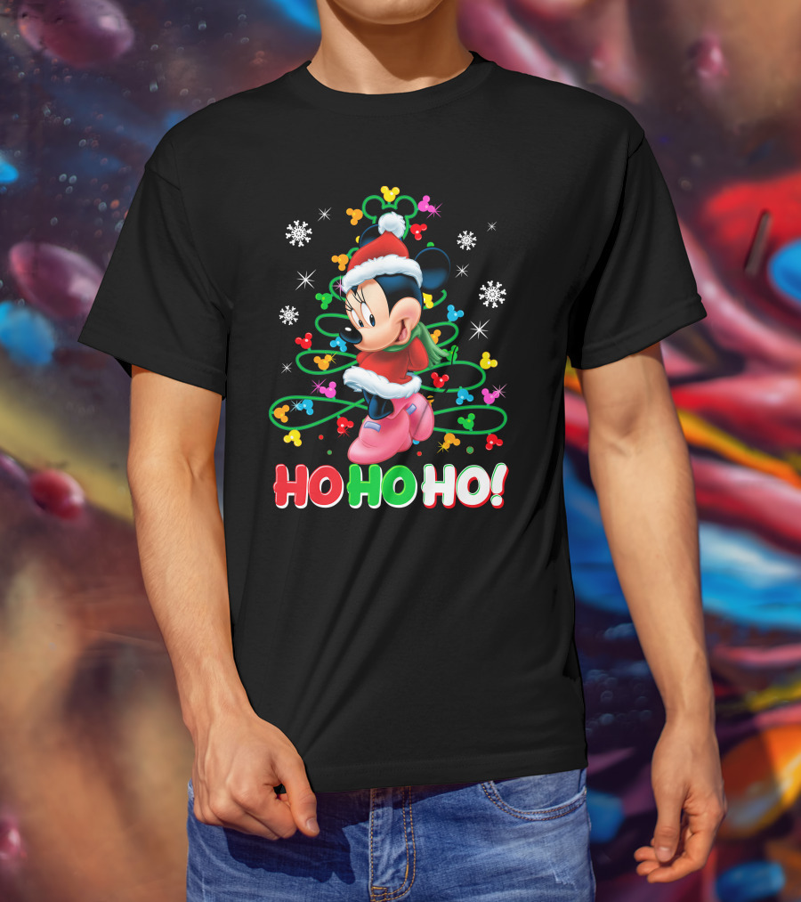 Minnie Mouse Christmas Ho Ho Ho Santa Hat Winter Holiday Snowflakes T-Shirt