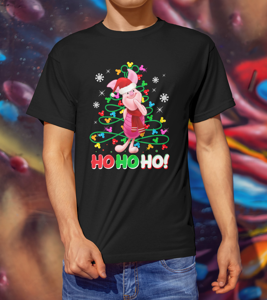 Piglet Christmas Ho Ho Ho Santa Hat Festive Holiday Snowflakes T-Shirt