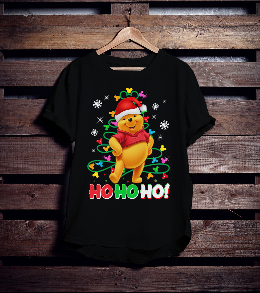 Winnie The Pooh Christmas Ho Ho Ho Santa Hat Snowflakes And Lights T-Shirt