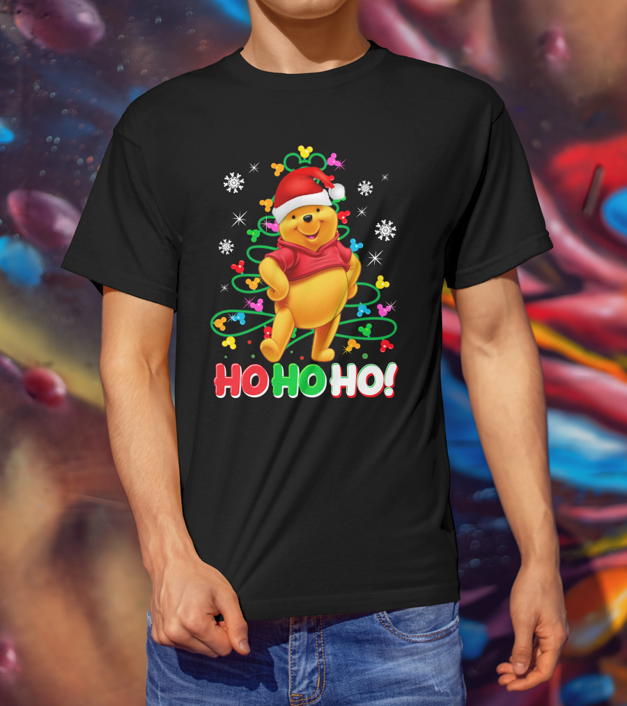 Winnie The Pooh Christmas Ho Ho Ho Santa Hat Snowflakes And Lights T-Shirt