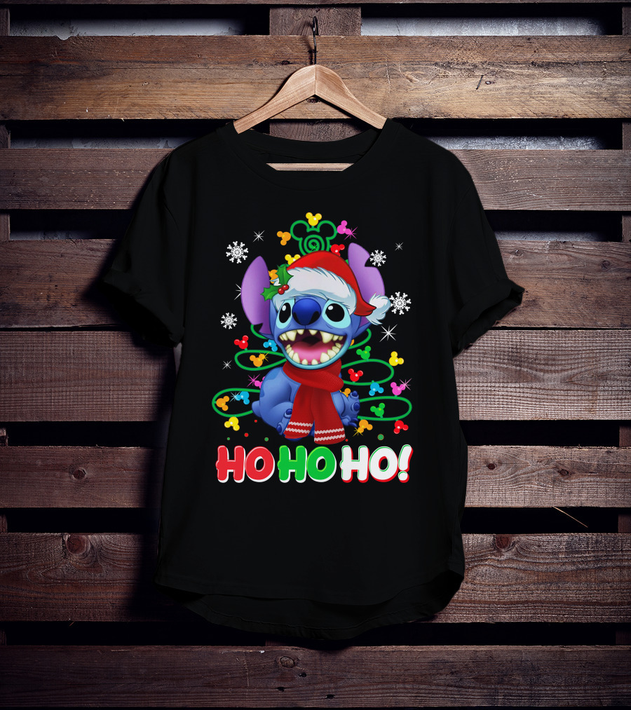 Stitch Christmas Ho Ho Ho Santa Hat Holiday Snowflakes Mickey Ears T-Shirt
