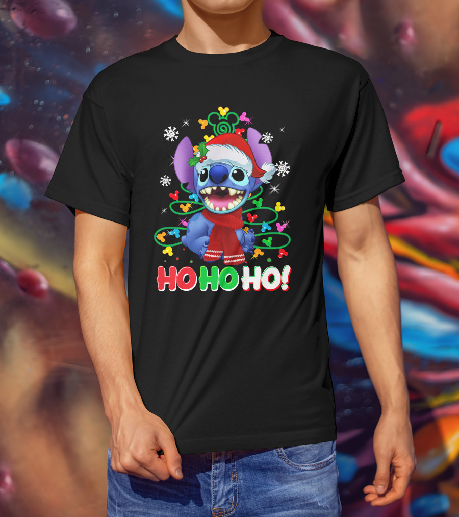Stitch Christmas Ho Ho Ho Santa Hat Holiday Snowflakes Mickey Ears T-Shirt