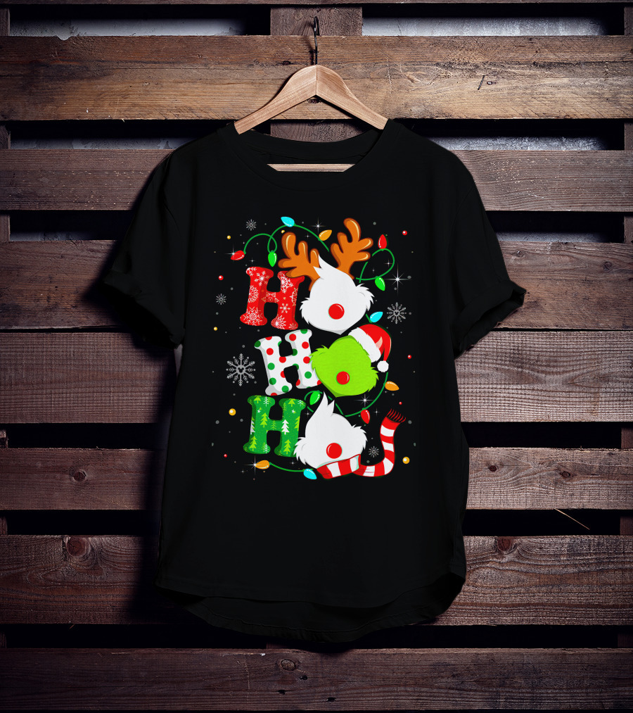 Ho Ho Ho Grinch Christmas Lights Reindeer Antlers Santa Hat Snowflakes T-Shirt