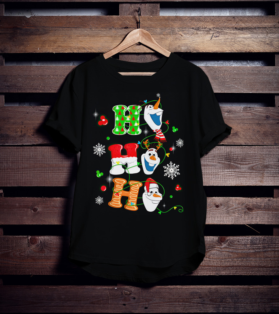 H H H Olaf Snowman With Christmas Trees And Snowflakes Holiday Theme T-Shirt