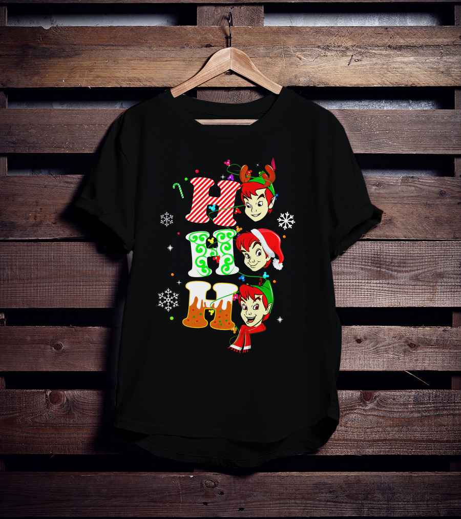 Peter Pan Holiday Cheer Ho Ho Ho Christmas Reindeer Santa Hat Scarf Snowflakes T-Shirt