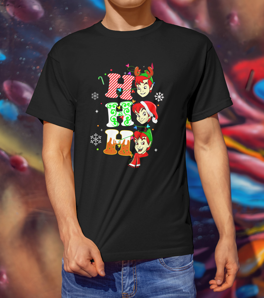 Peter Pan Holiday Cheer Ho Ho Ho Christmas Reindeer Santa Hat Scarf Snowflakes T-Shirt