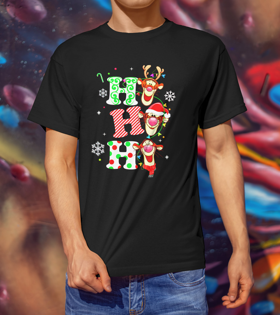 Ho Ho Ho Tigger Christmas Reindeer Santa Snowflakes T-Shirt