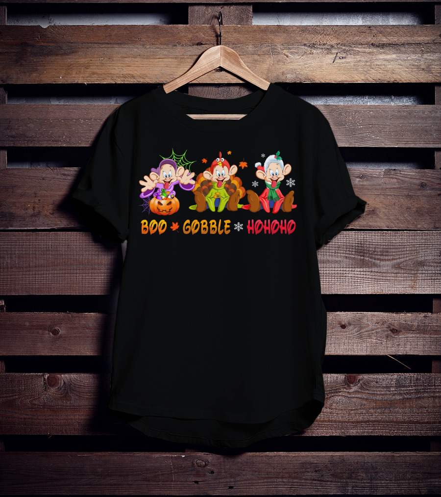 Boo Gobble Hohoho Dopey Halloween Thanksgiving Christmas Holiday Trio T-Shirt