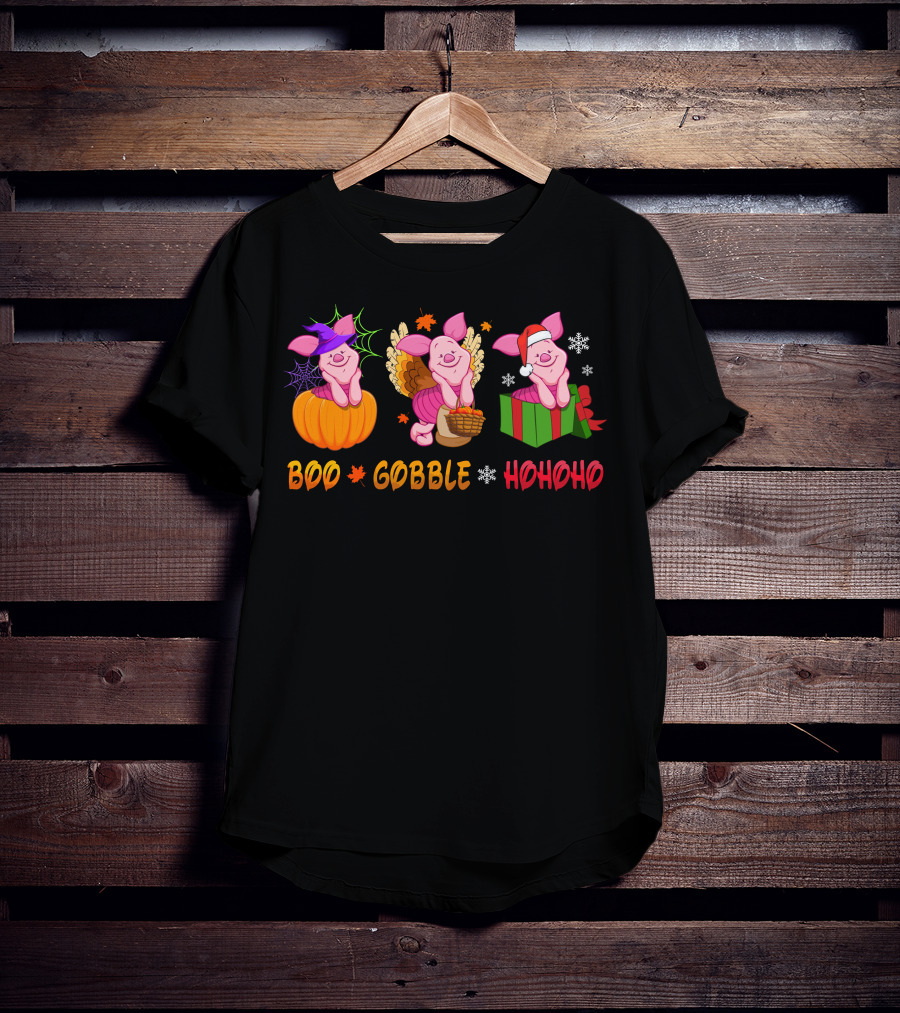 Boo Gobble Hohoho Piglet Halloween Thanksgiving Christmas T-Shirt