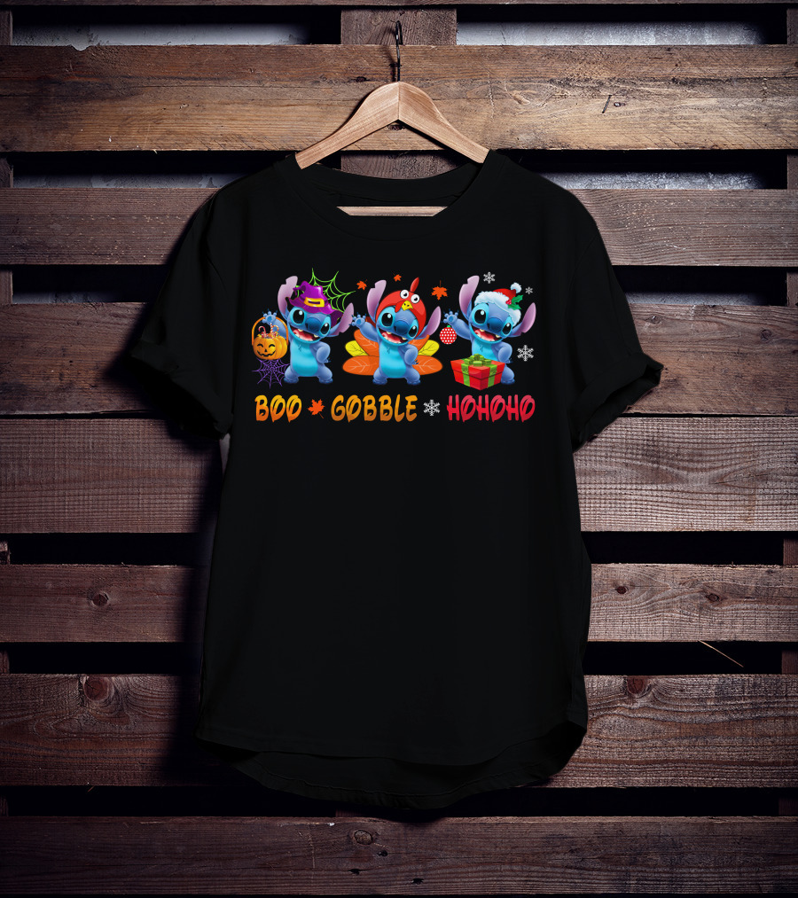 Stitch Boo Gobble Hohoho Halloween Thanksgiving Christmas T-Shirt