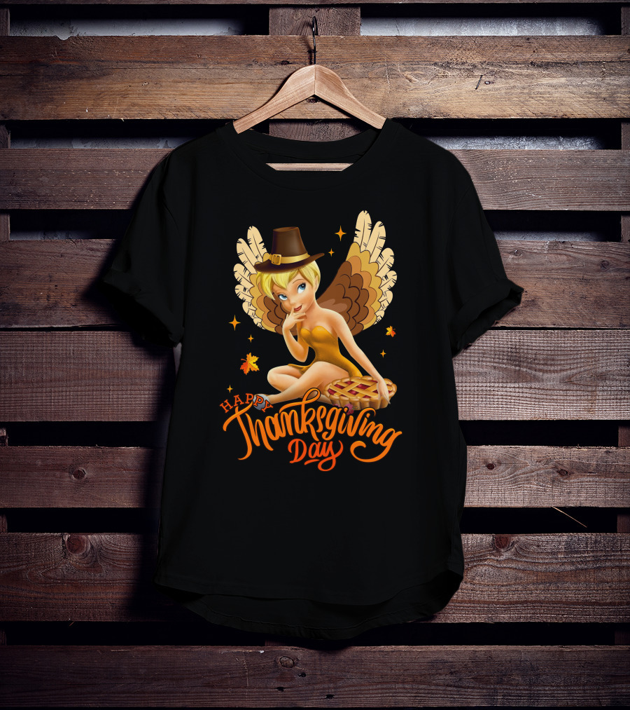 Happy Thanksgiving Day Tinker Bell With Pilgrim Hat And Pie T-Shirt