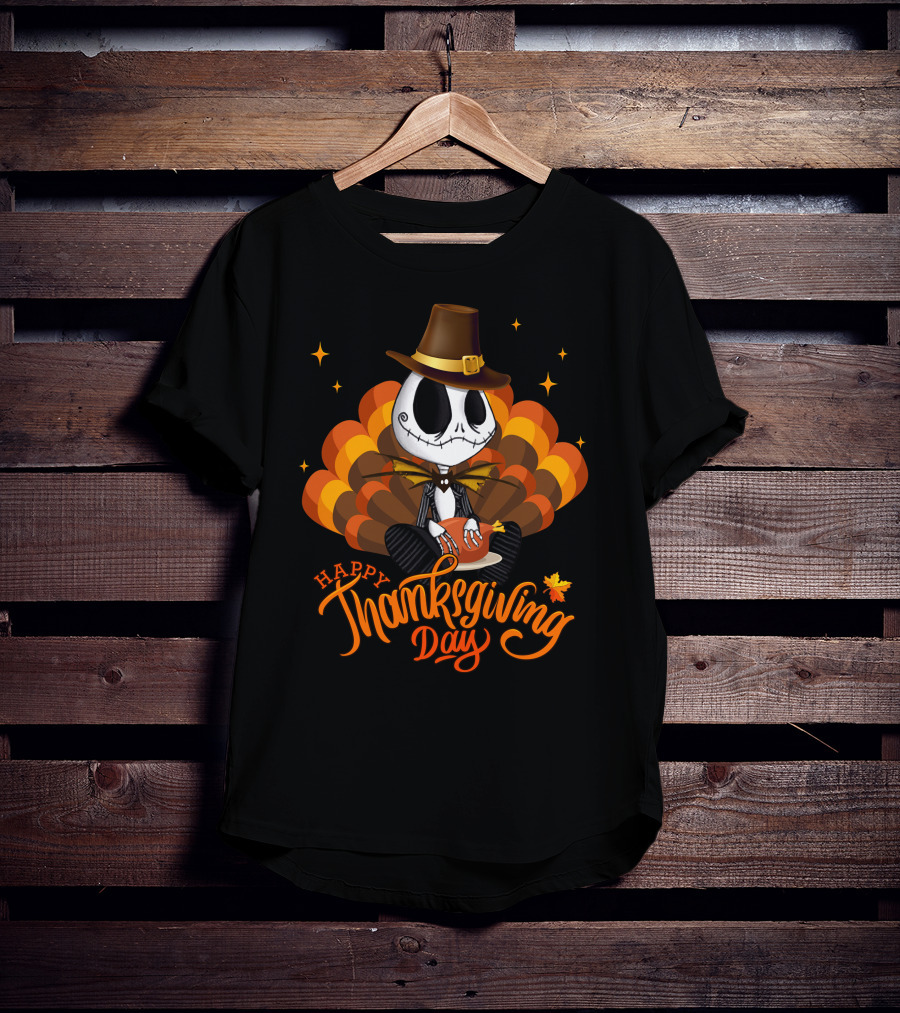Happy Thanksgiving Day Jack Skellington With Pumpkin Turkey Hat T-Shirt