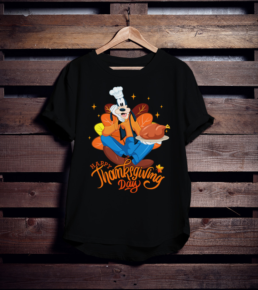 Goofy Happy Thanksgiving Day Chef With Turkey And Autumn Leaves T-Shirt