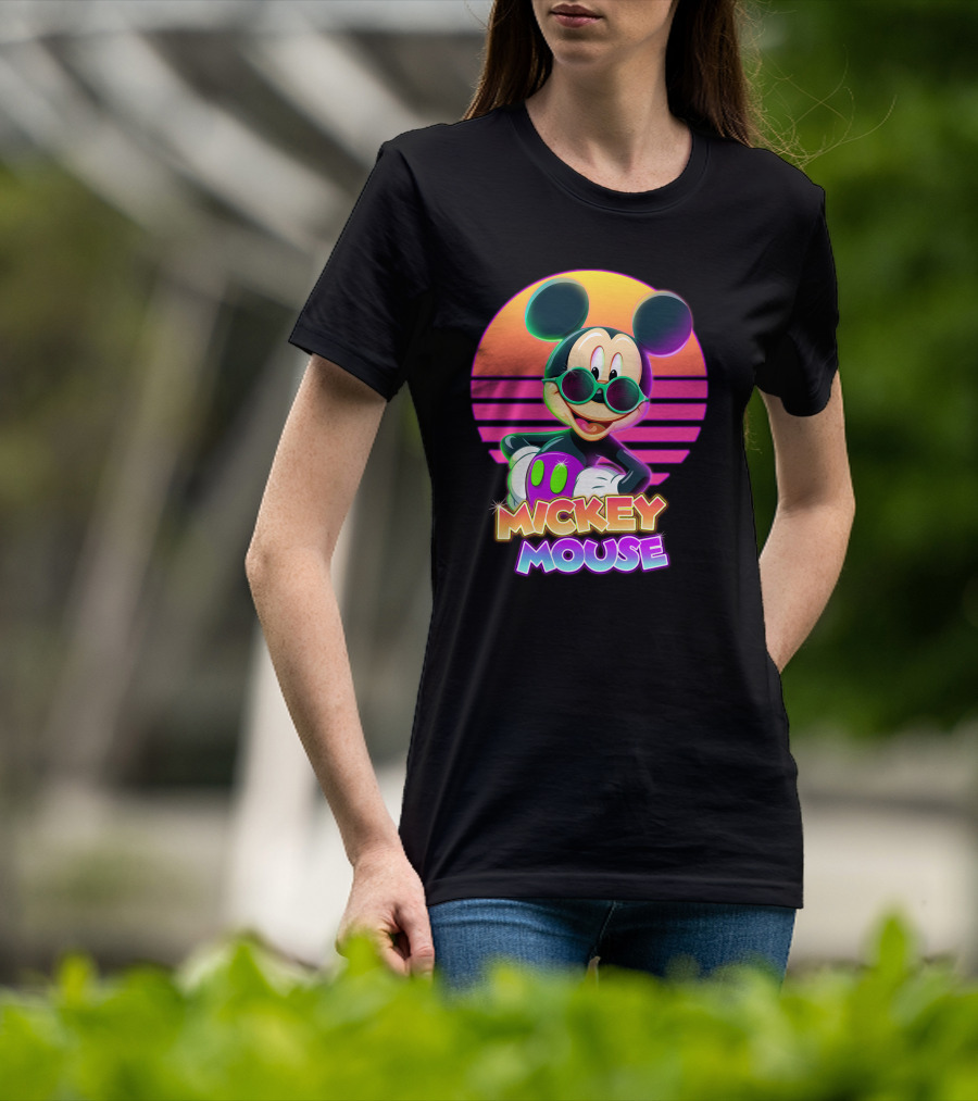 Mickey Mouse Retro Neon Style Sunglasses Sunset T-Shirt