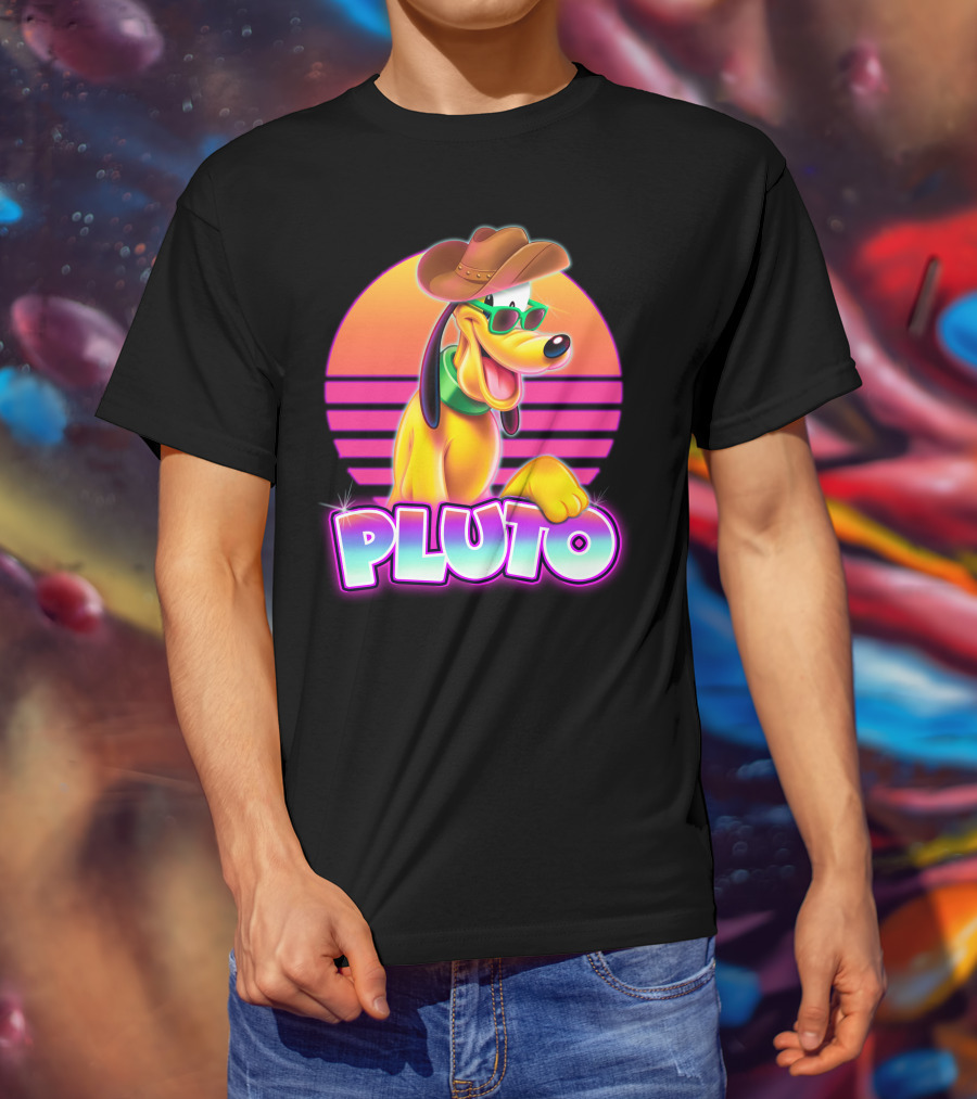 Pluto Retro Sunset Neon Style With Sunglasses And Cowboy Hat T-Shirt