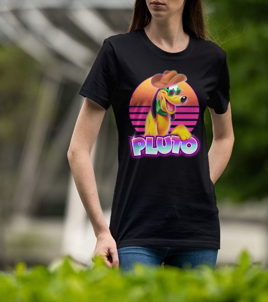 Pluto Retro Sunset Neon Style With Sunglasses And Cowboy Hat T-Shirt