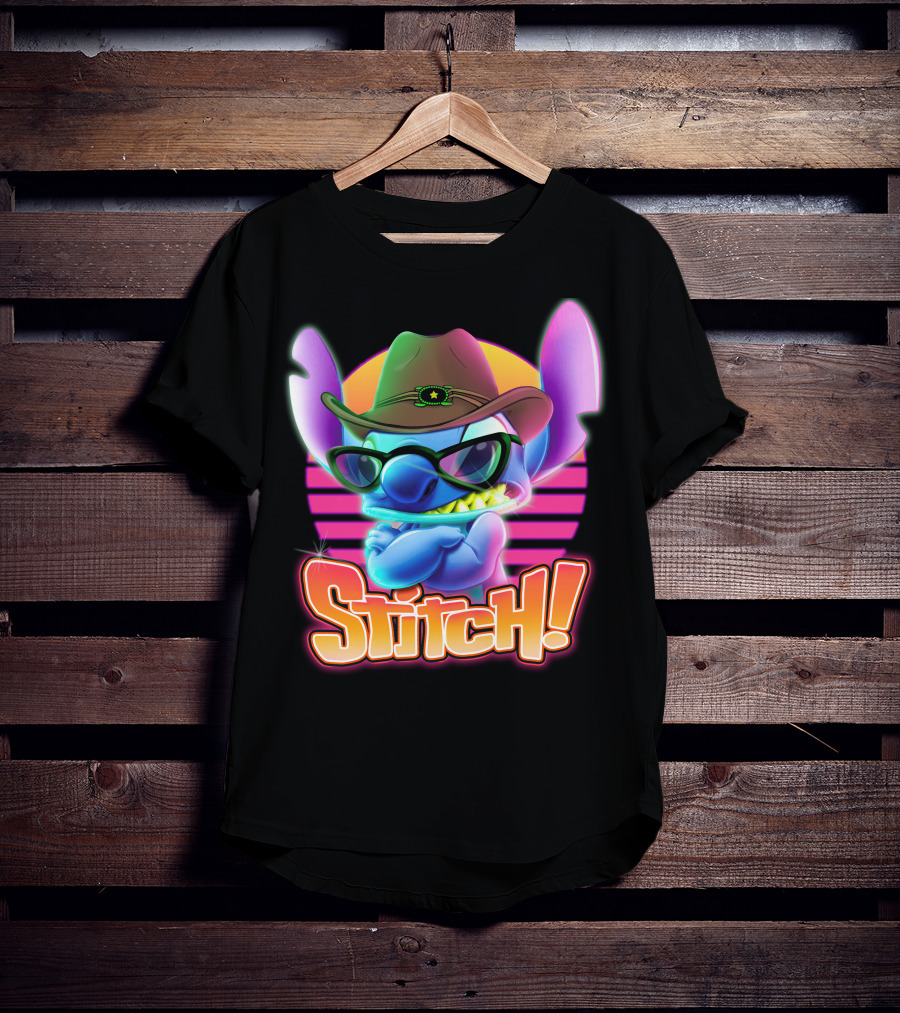 Stitch Neon Retro Cowboy Style With Sunglasses T-Shirt